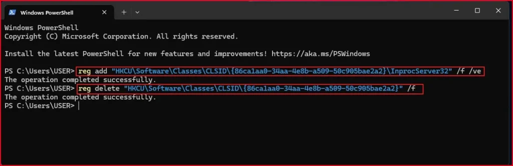 How to Bring Back the Classic Context Menu in Windows 11 3 PowerShell window in administrator mode showing a registry command to restore the classic context menu.