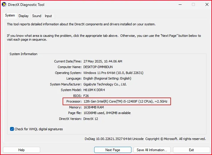 How to Check Your Computer Processor Generation (5 Simple Ways) 6 DirectX Diagnostic Tool showing system and processor info