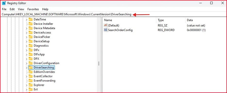How to Turn Off Automatic Driver Updates in Windows 11 14 Registry Editor showing DriverSearching key location
