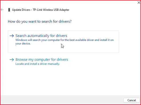 How to Fix WiFi Doesn't Have a Valid IP Configuration Issue in Windows 11/10 5 Driver Update Wizard with “Search automatically for updated driver software” selected