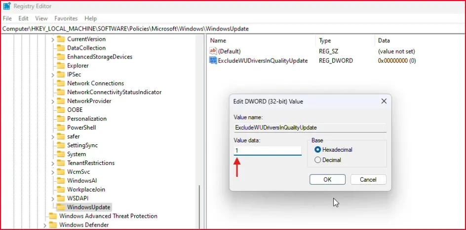 How to Turn Off Automatic Driver Updates in Windows 11 13 Change ExcludeWUDriversInQualityUpdate value data to 1