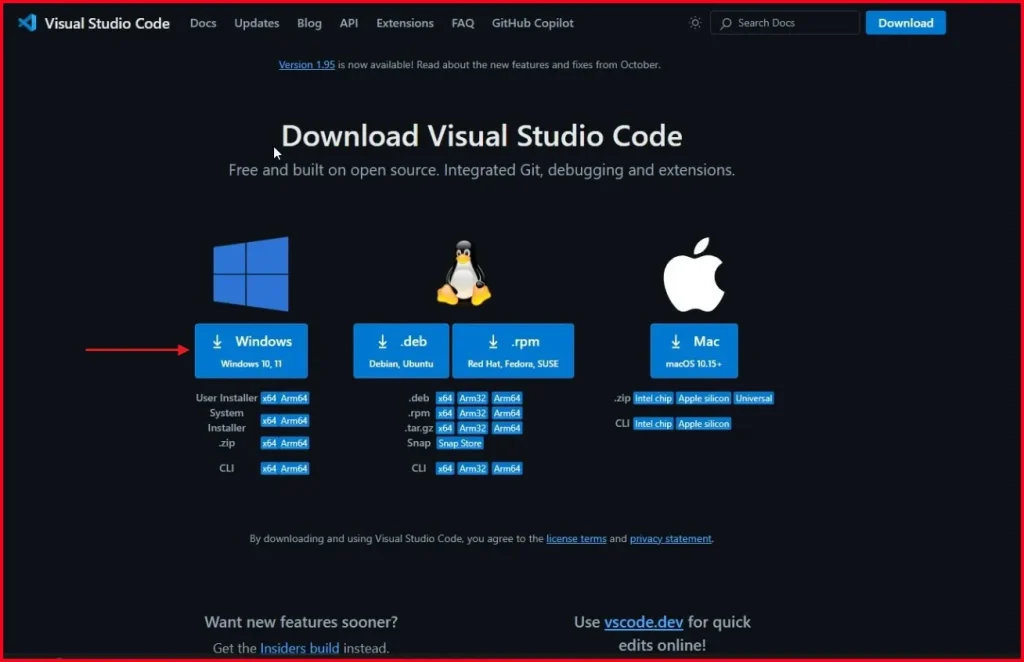 How to Install Visual Studio Code on Windows 10/11 2 Click on "Download for Windows" button on the Visual Studio Code website