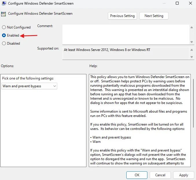 How to Enable or Disable Microsoft Defender SmartScreen in Windows 11 8 Enabling or disabling SmartScreen through Group Policy in Windows 11