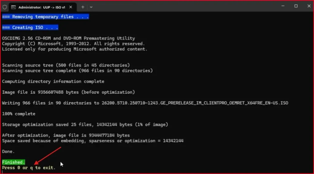 How to Download Windows 11 25H2 ISO (Without Insider Program) 13 ISO creation finished message in Command Prompt