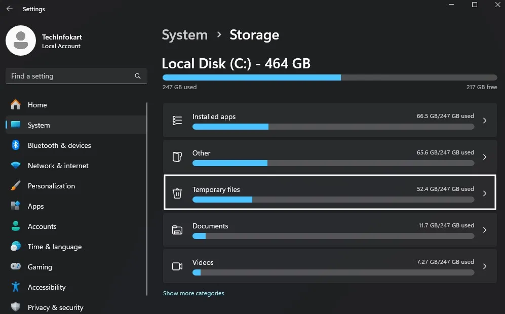 How to Delete Old Windows Update Files Safely 3 Selecting Temporary Files option in Windows 11 Storage settings