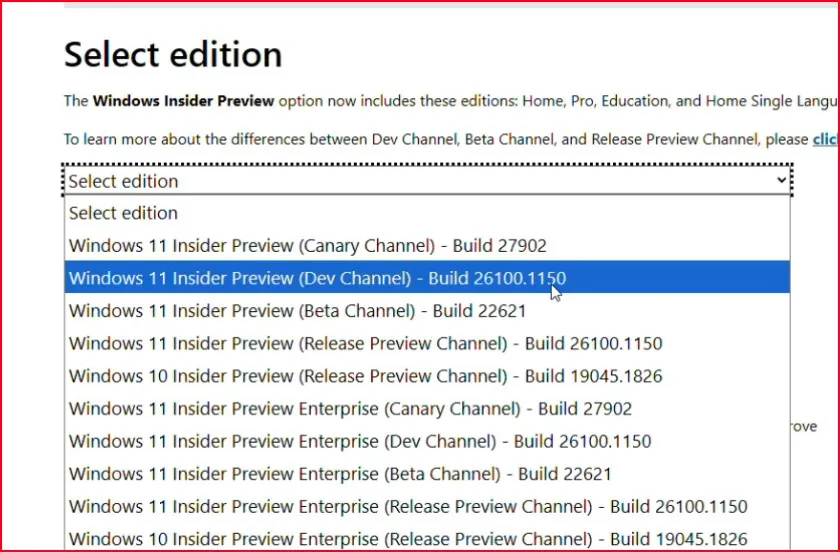 How to Download Windows 11 25H2 ISO (Without Insider Program) 3 Selecting Windows 11 Insider Preview Dev Channel build 26100.1150