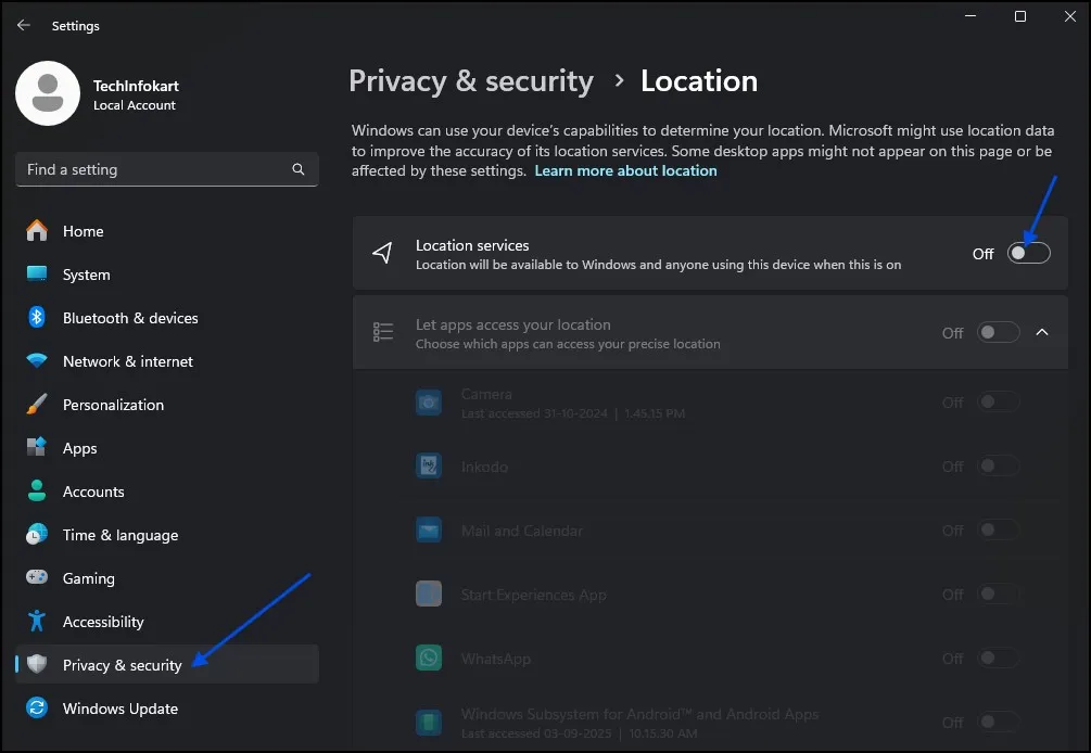 How to Disable Location Access Windows 11 for Better Privacy 2 Turn off location services in Windows 11 from Privacy & Security settings