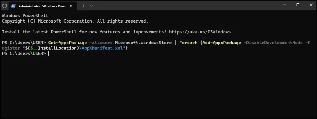 How to Reinstall Microsoft Store in Windows 11 (Fix Microsoft Store Missing) 4 Windows PowerShell running command to reinstall Microsoft Store