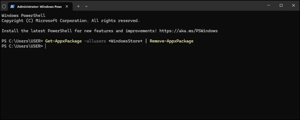 How to Reinstall Microsoft Store in Windows 11 (Fix Microsoft Store Missing) 3 Windows PowerShell running command to uninstall Microsoft Store