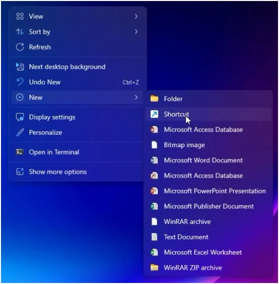 How to Enter BIOS from Windows Using a Command 3 Right-click desktop context menu with New → Shortcut selected