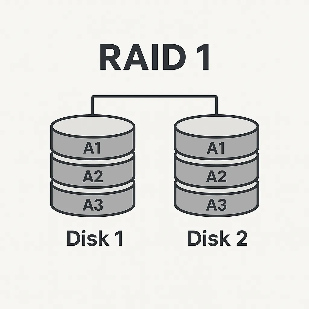 RAID 1 vs RAID 0: Which One Should You Choose? 3 RAID 1 diagram showing data mirroring with identical data blocks stored on both Disk 1 and Disk 2.