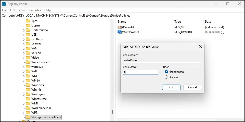 How to Make a USB Write-Protected in Windows 11 (3 Easy Ways) 10 Set WriteProtect value data to 1 in registry