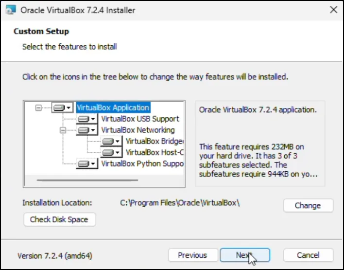How to Install VirtualBox 7.2.4 on Windows 11 5 VirtualBox custom setup screen with default options selected