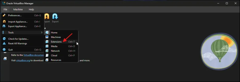 How to Install VirtualBox 7.2.4 on Windows 11 12 VirtualBox tools menu with extensions option selected