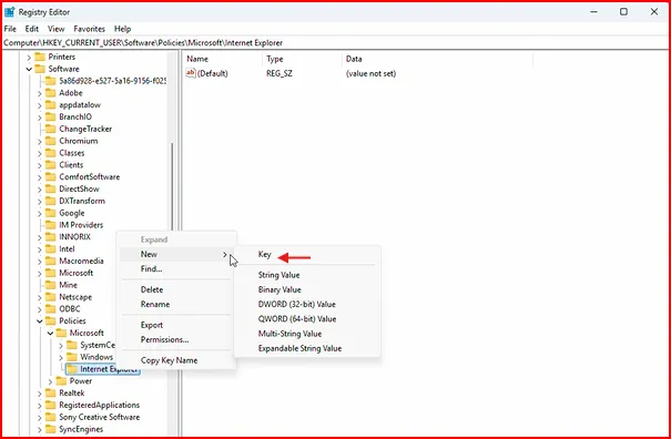 How to Prevent Proxy Settings in Windows 11 9 Create Control Panel key inside Internet Explorer registry folder