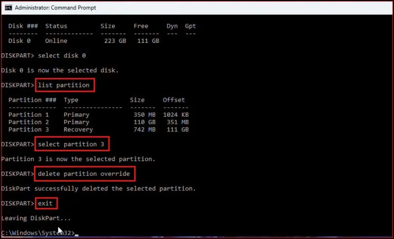 How to Fix “Extend Volume Greyed Out” Error in Windows 10/11 6 DiskPart commands select partition 3 delete partition override and exit