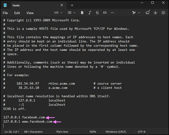 How to Block Websites on Windows 11 (2 Easy Working Methods) 4 Adding Facebook website entries to the hosts file to block access on Windows 11