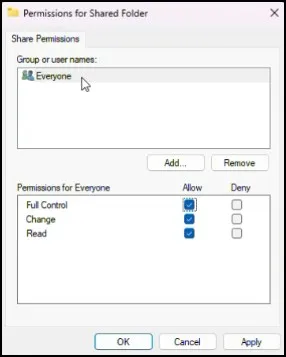 How to Transfer Files Between Two Computers Wirelessly in Windows 11 10 Full Control permission granted to Everyone group in shared folder settings