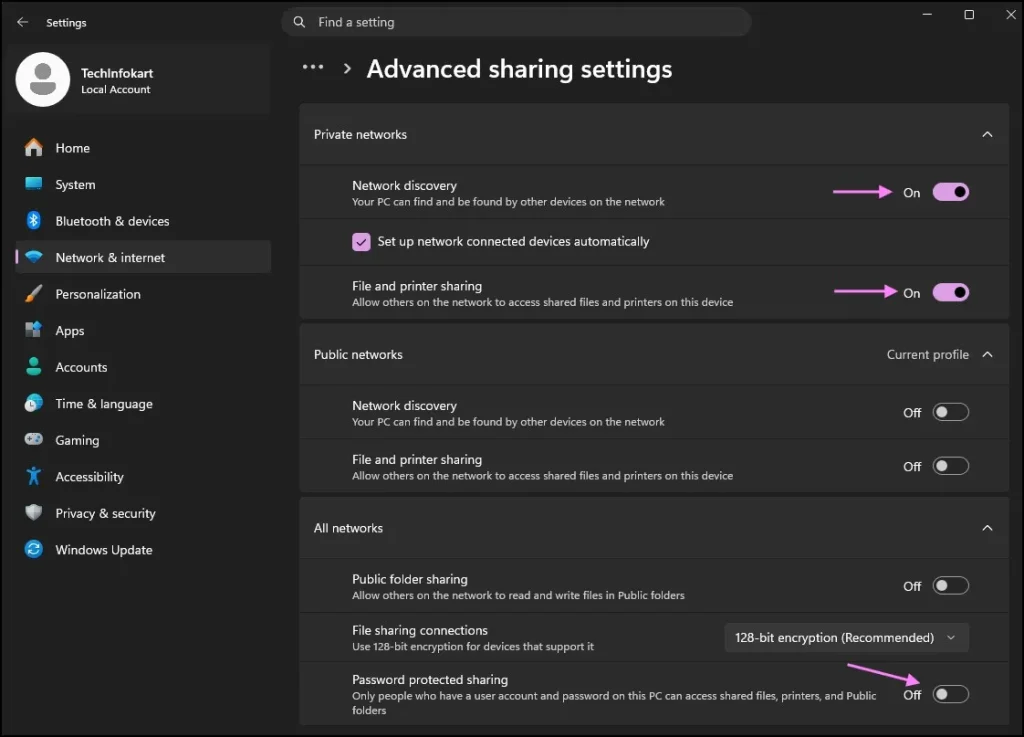 How to Transfer Files Between Two Computers Wirelessly in Windows 11 4 Network Discovery and File and Printer Sharing enabled in Windows 11