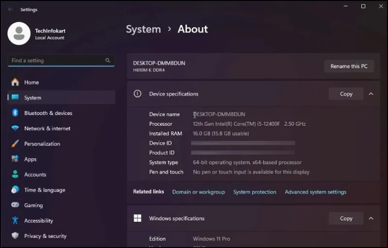 How to Transfer Files Between Two Computers Wirelessly in Windows 11 12 Device Name displayed in Windows 11 System About page