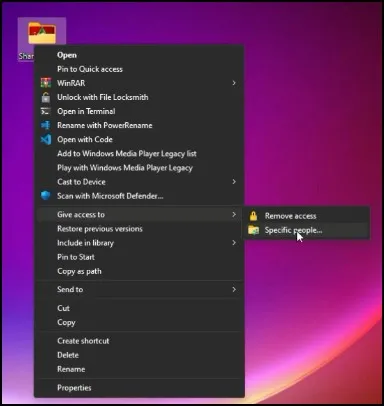 How to Transfer Files Between Two Computers Wirelessly in Windows 11 5 Give Access To Specific People option selected from folder sharing menu