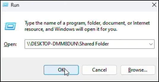 How to Transfer Files Between Two Computers Wirelessly in Windows 11 16 Run dialog with shared folder network path entered