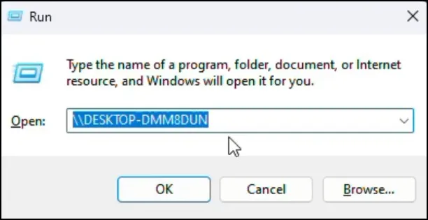 How to Transfer Files Between Two Computers Wirelessly in Windows 11 13 Run dialog showing network path using computer name