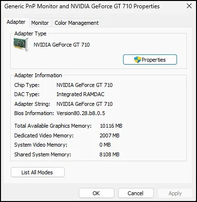 How to Check Your Graphics Card (GPU) in Windows 11 9 Display Adapter Properties window showing GPU memory and adapter details