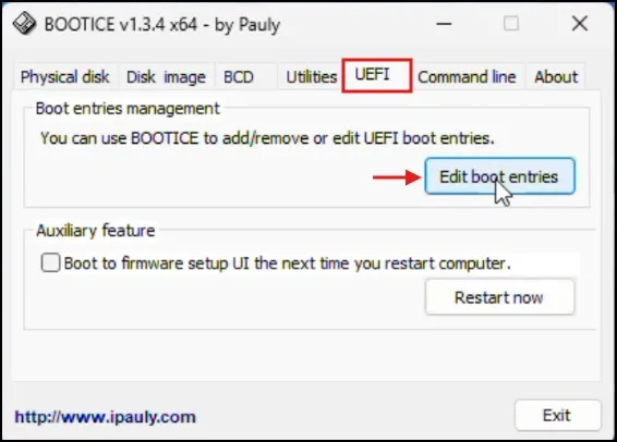 How to Boot Multiple ISO Files from Hard Drive Without USB on Windows 11 (UEFI/GPT Guide) 13 Open the UEFI tab and edit boot entries in BootIce