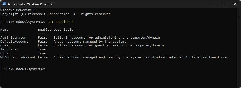 How to Turn Off Password Expiry in Windows 10/11 7 Get-LocalUser command showing local user accounts in PowerShell
